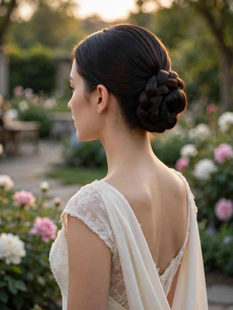 Back view of a woman with dark hair in a low bun formed from a coiled three-strand braid