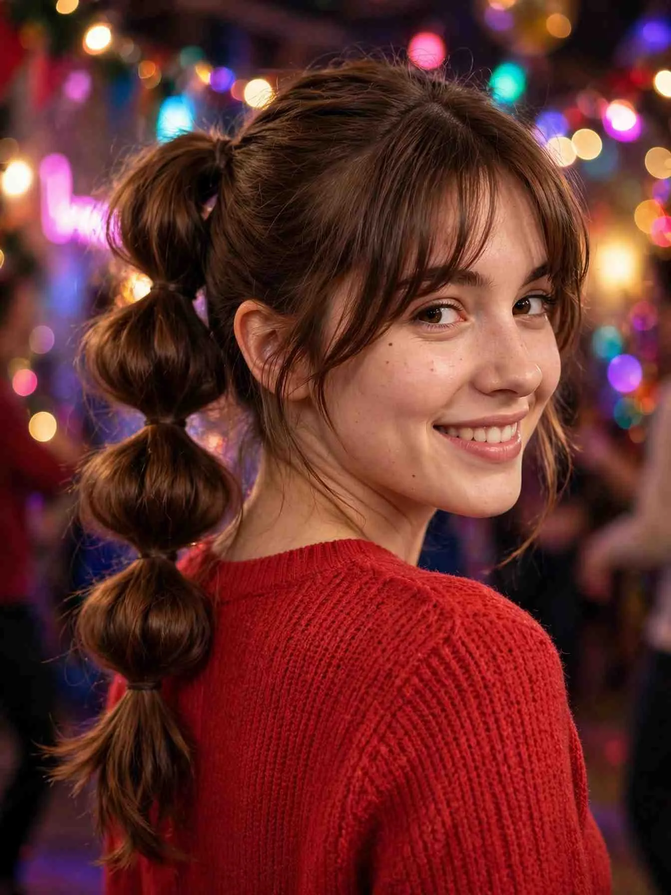 Festive bubble ponytail with soft curtain bangs