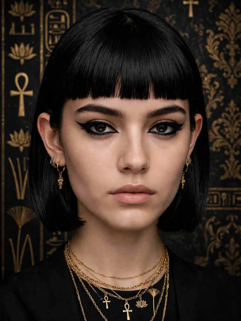 Cleopatra blunt bob with straight fringe and gold jewelry