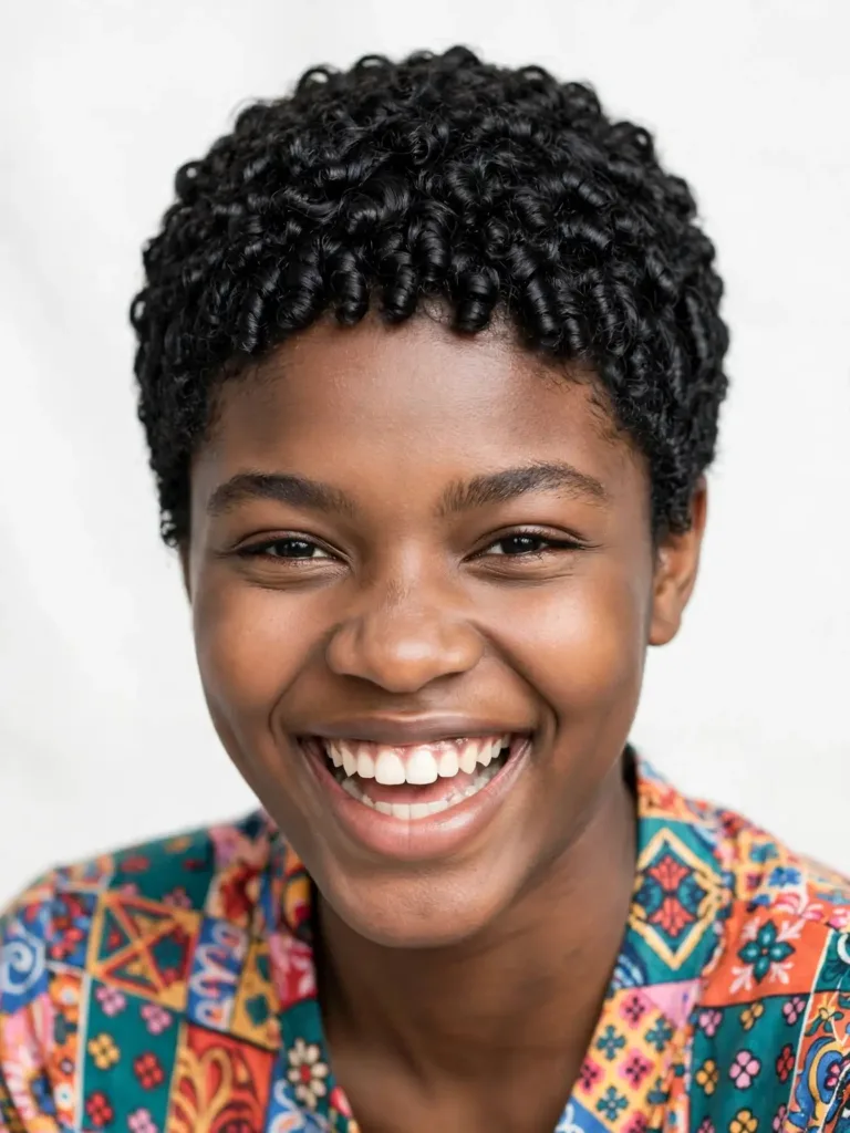 Coily pixie with defined natural coils in rounded shape