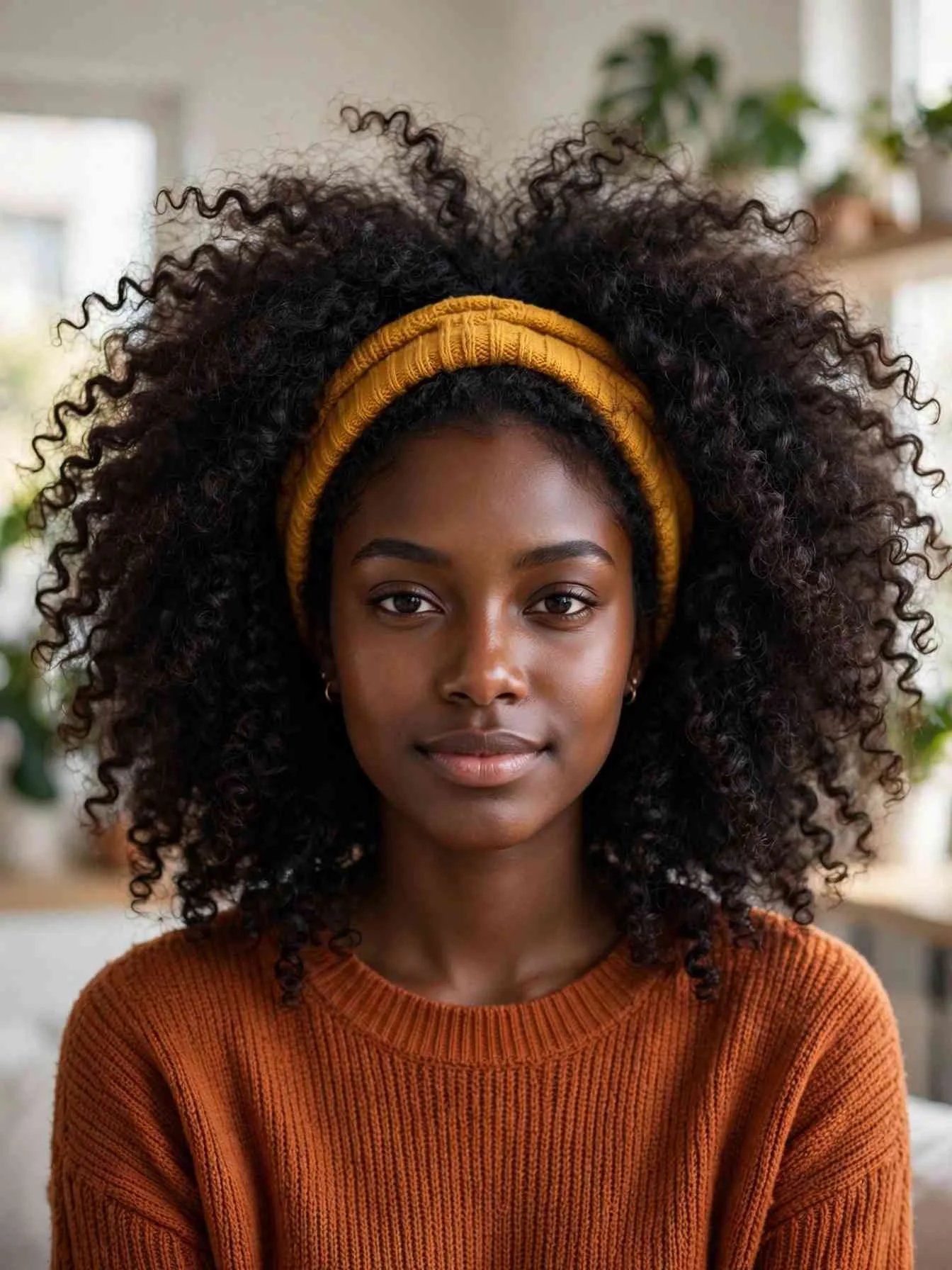 Full curly halo framing the face with a beanie pushed back like a headband