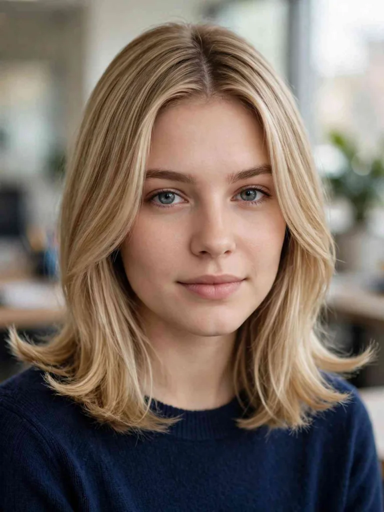 Woman with layered hair and ends flipped outward