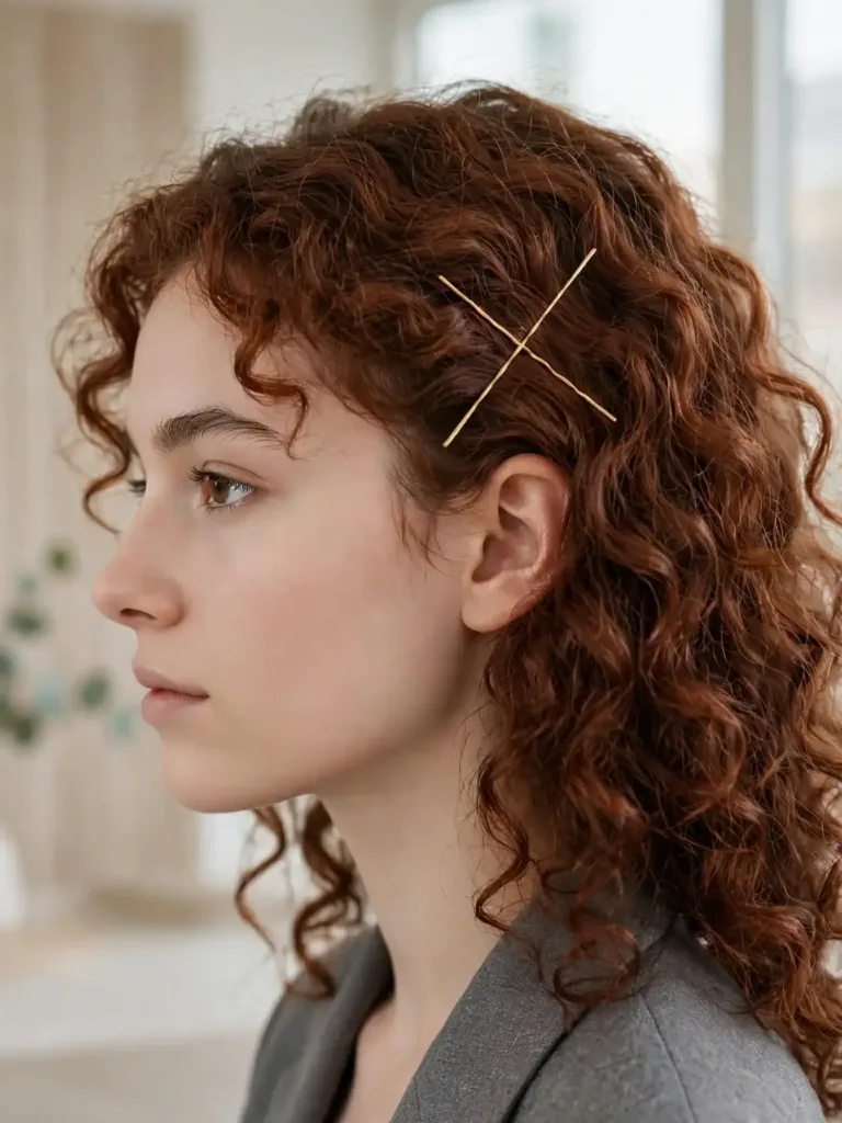 gold geometric hair pins arranged above the ear in curly hair