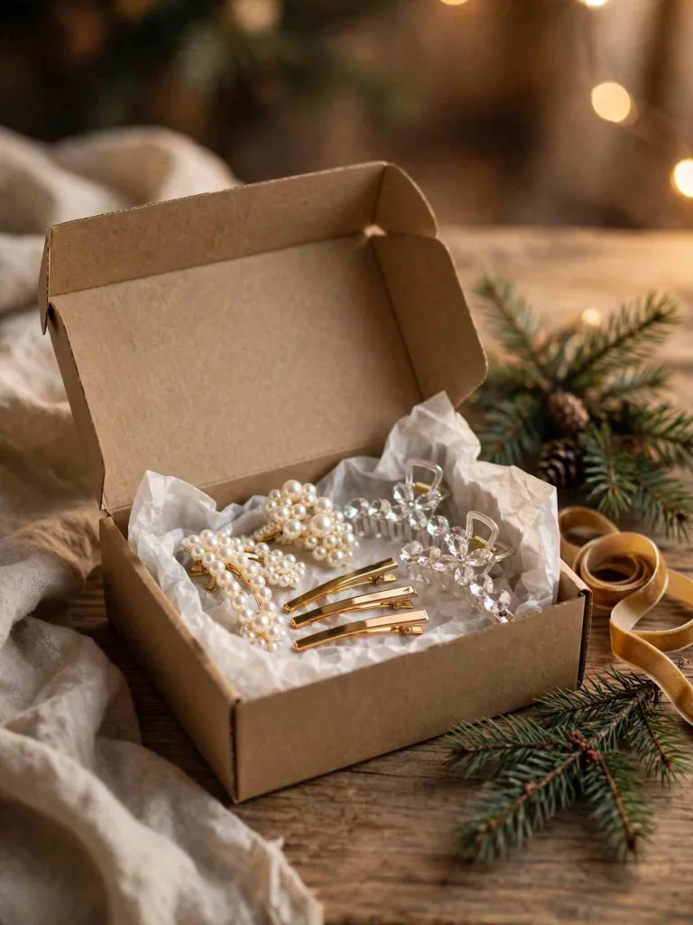 Open gift box of mixed pearl, gold, and crystal hair clips