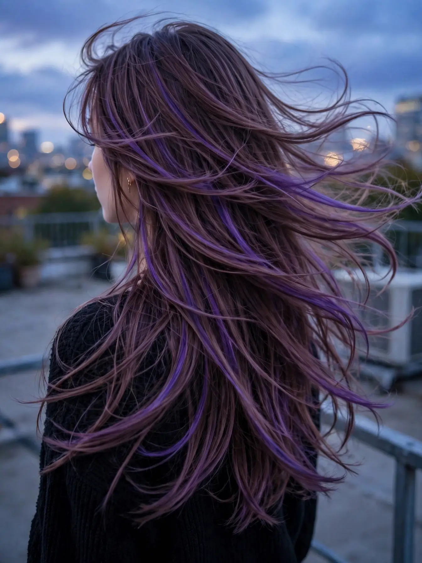 Long layered plum brown hair with violet dimension and movement