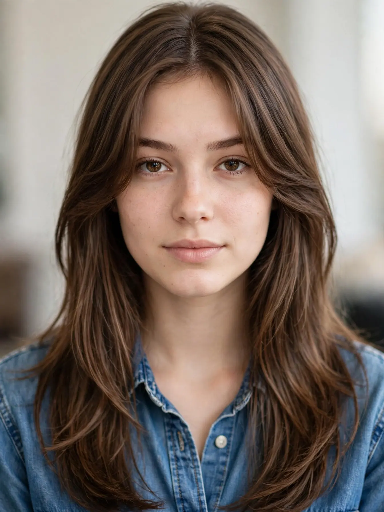 Milk Chocolate Curtain Layers Long layers with curtain bangs in milk chocolate brown hair