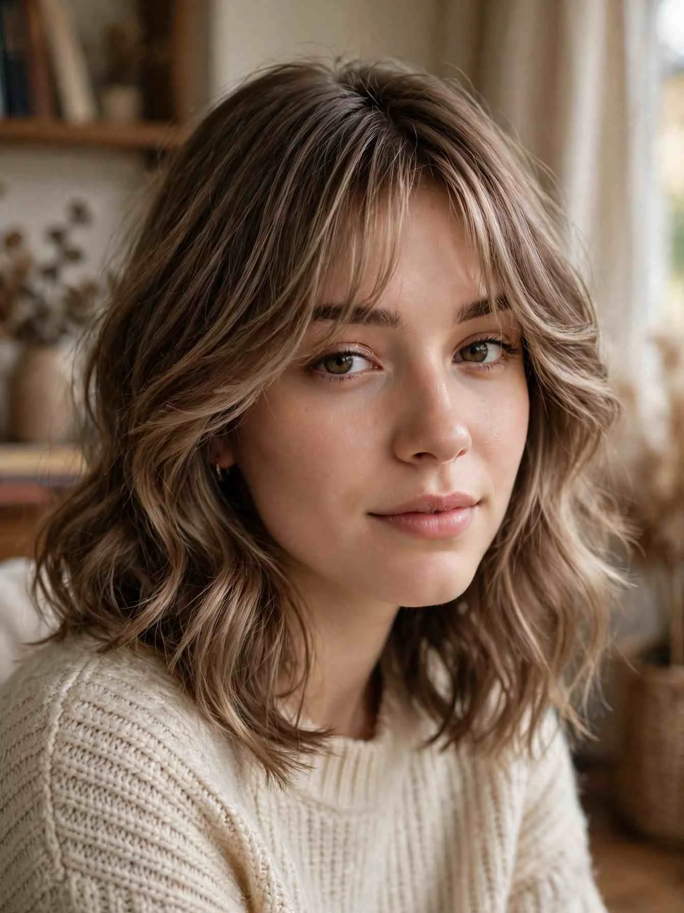 Curtain bangs with mocha latte hair color