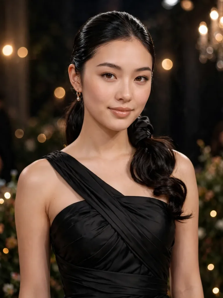 Low ponytail swept over one shoulder with polished curled lengths