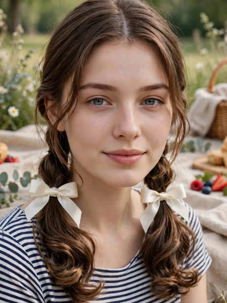 Two loose low pigtails with matching ivory satin bows