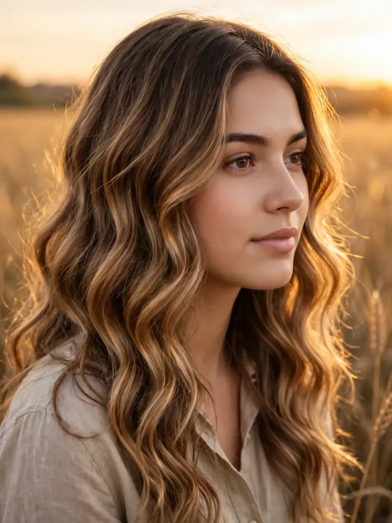 Beachy waves with caramel balayage color