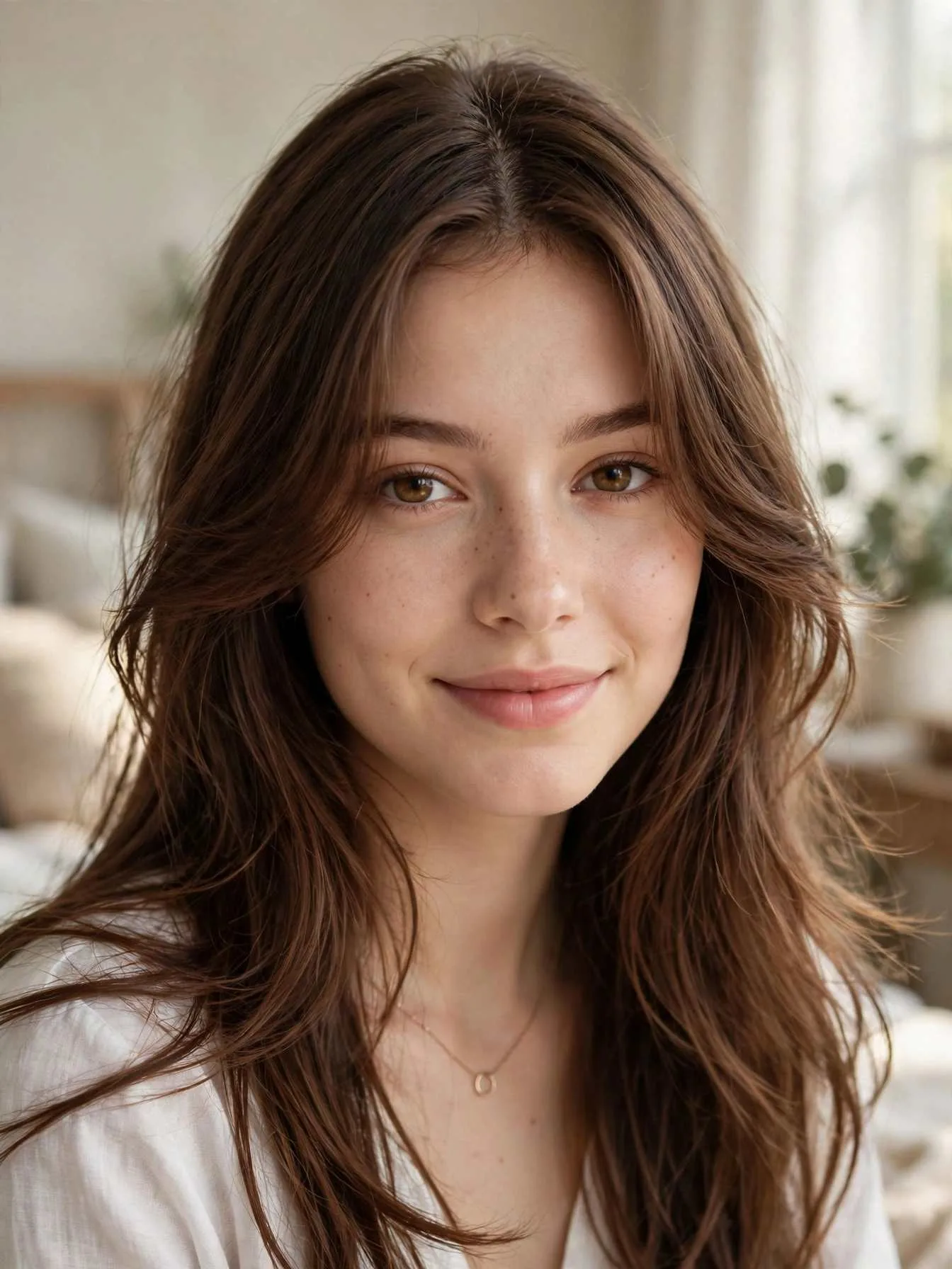 Long chestnut hair with curtain bangs parted in the middle sweeping over the cheekbones