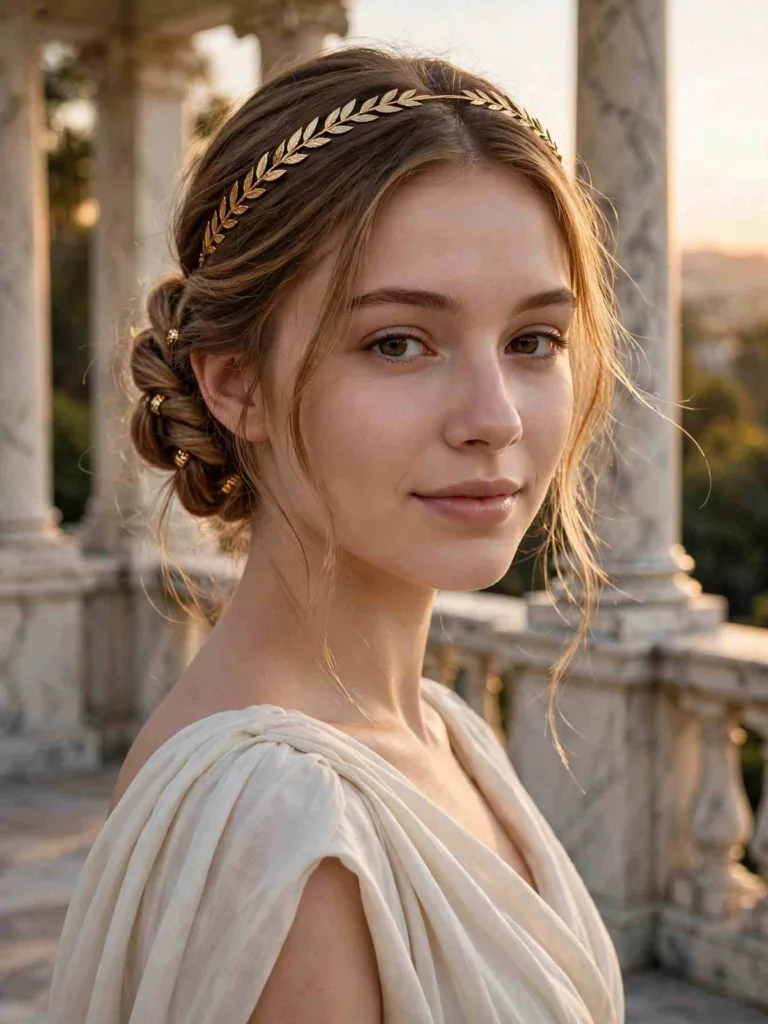 Greek goddess twisted updo with gold hair cuffs