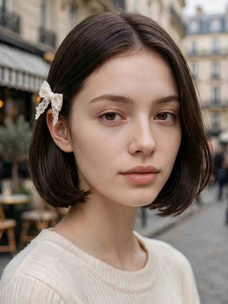 Sleek bob with a small ivory lace bow clipped behind one ear