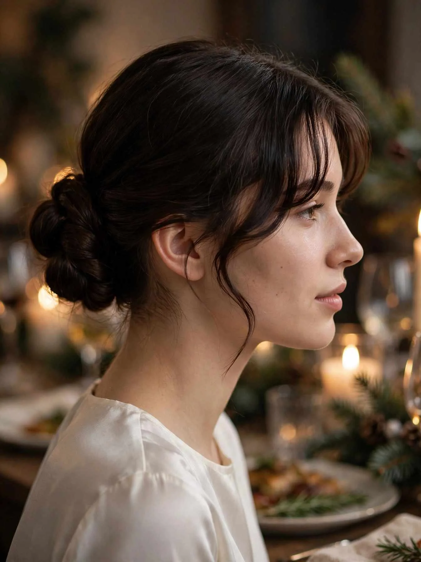 Low twisted bun with softly curled curtain fringe