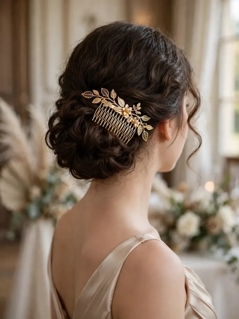 decorative gold hair comb slid into a curly chignon updo