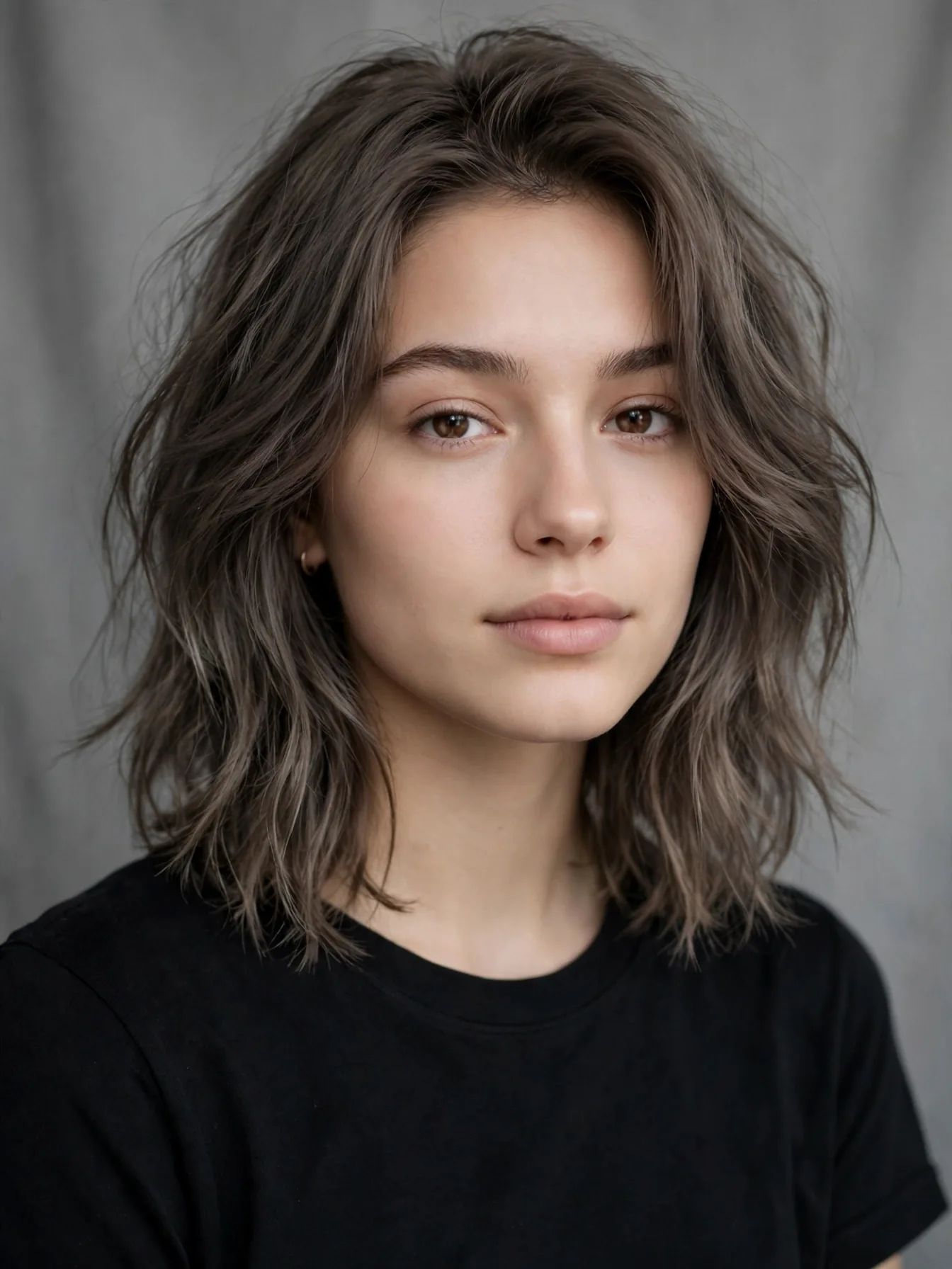 Mushroom brunette, cool taupe brown on a textured lob