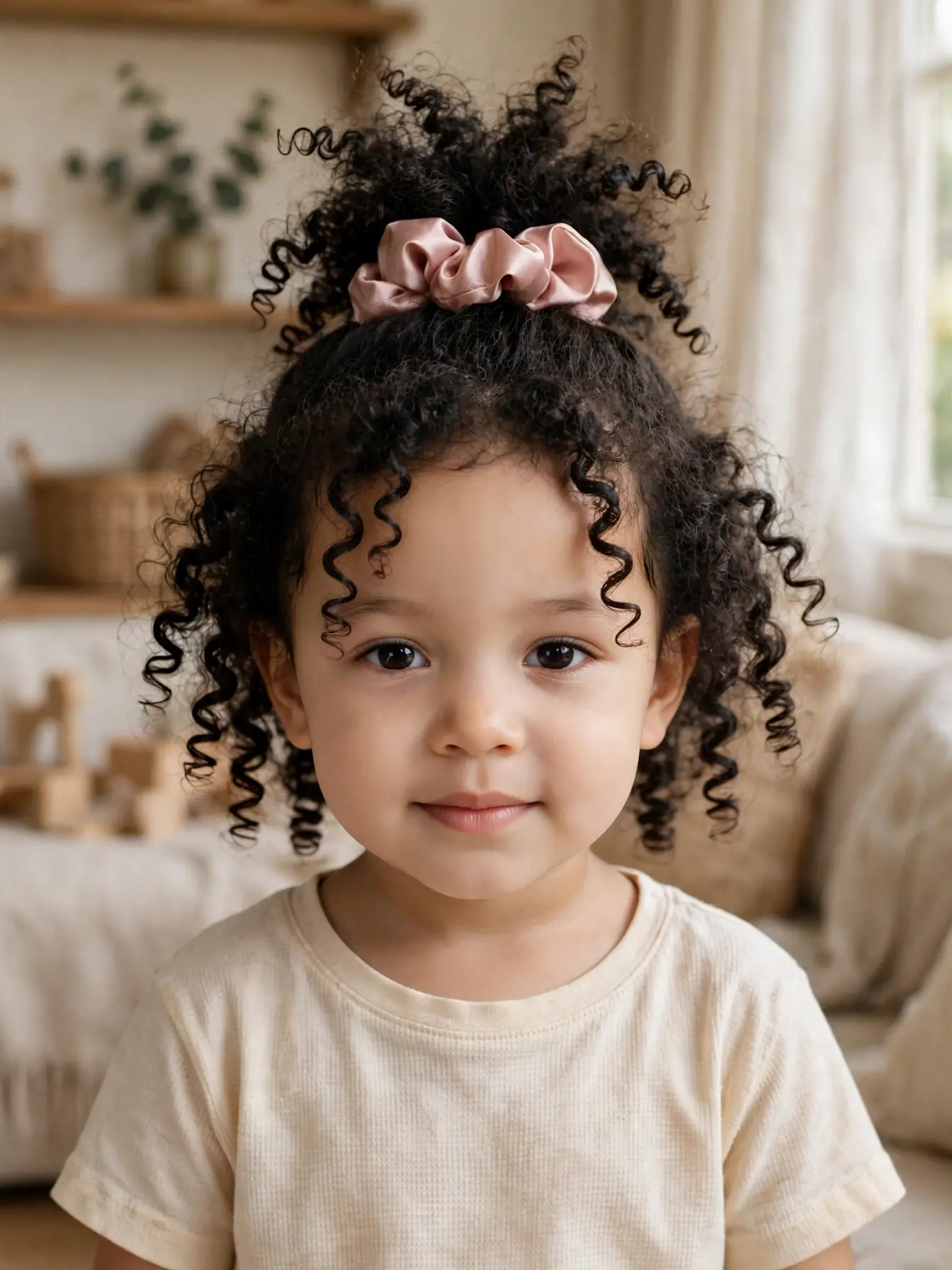 22 Cute Toddler Girl Hairstyles That Are Easy at Home 18 Toddler girl with curly hair styled in a loose pineapple puff