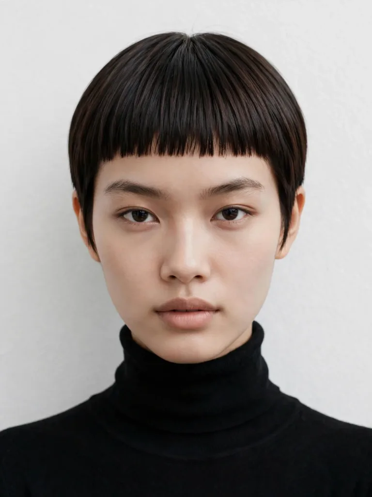 Pixie with straight micro fringe and sleek lines