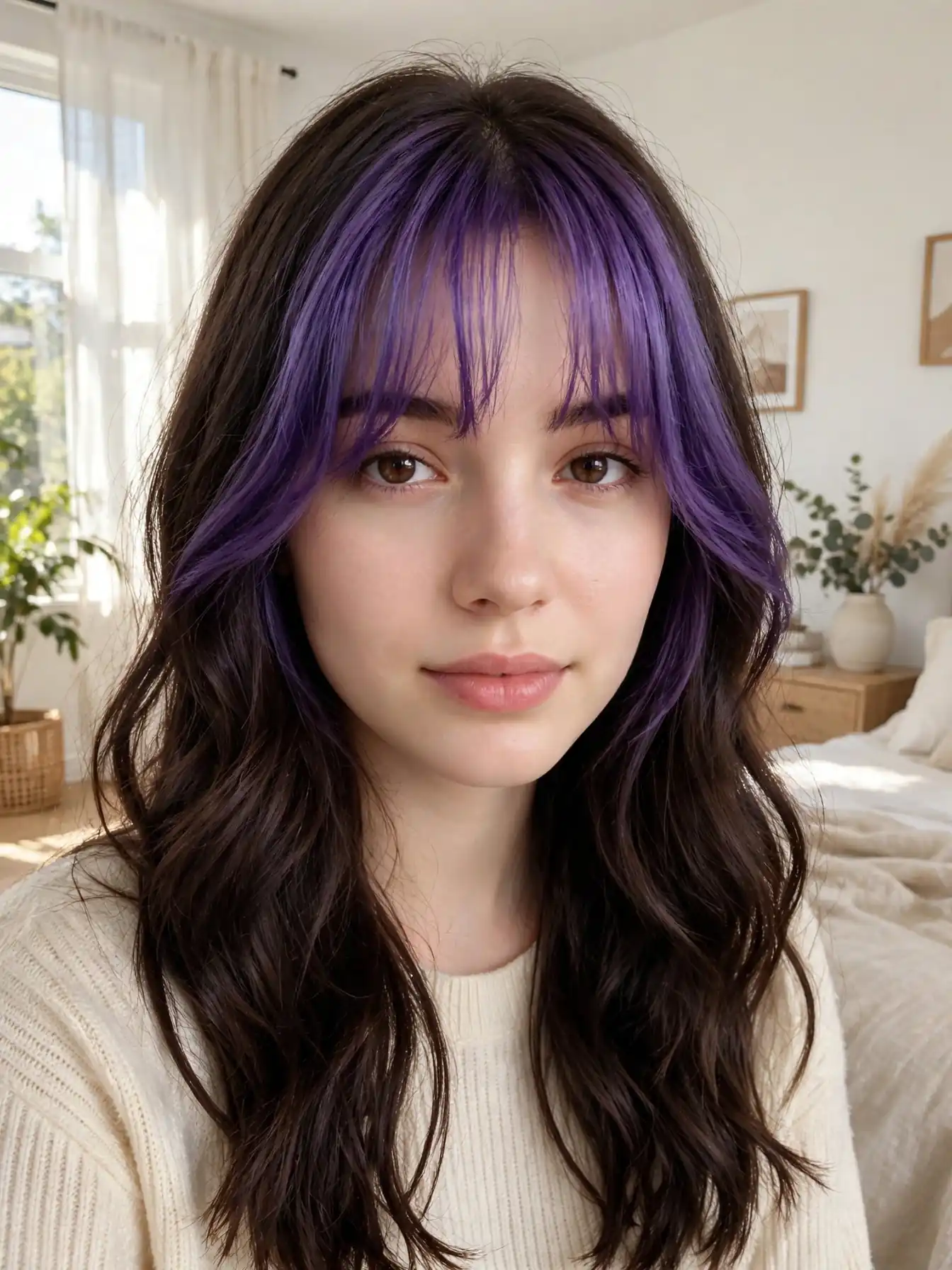 Plum brunette curtain bangs framing the face
