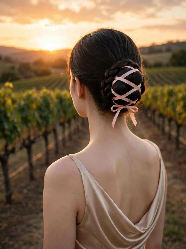 Low rope-twist bun with crisscross ribbon lacing