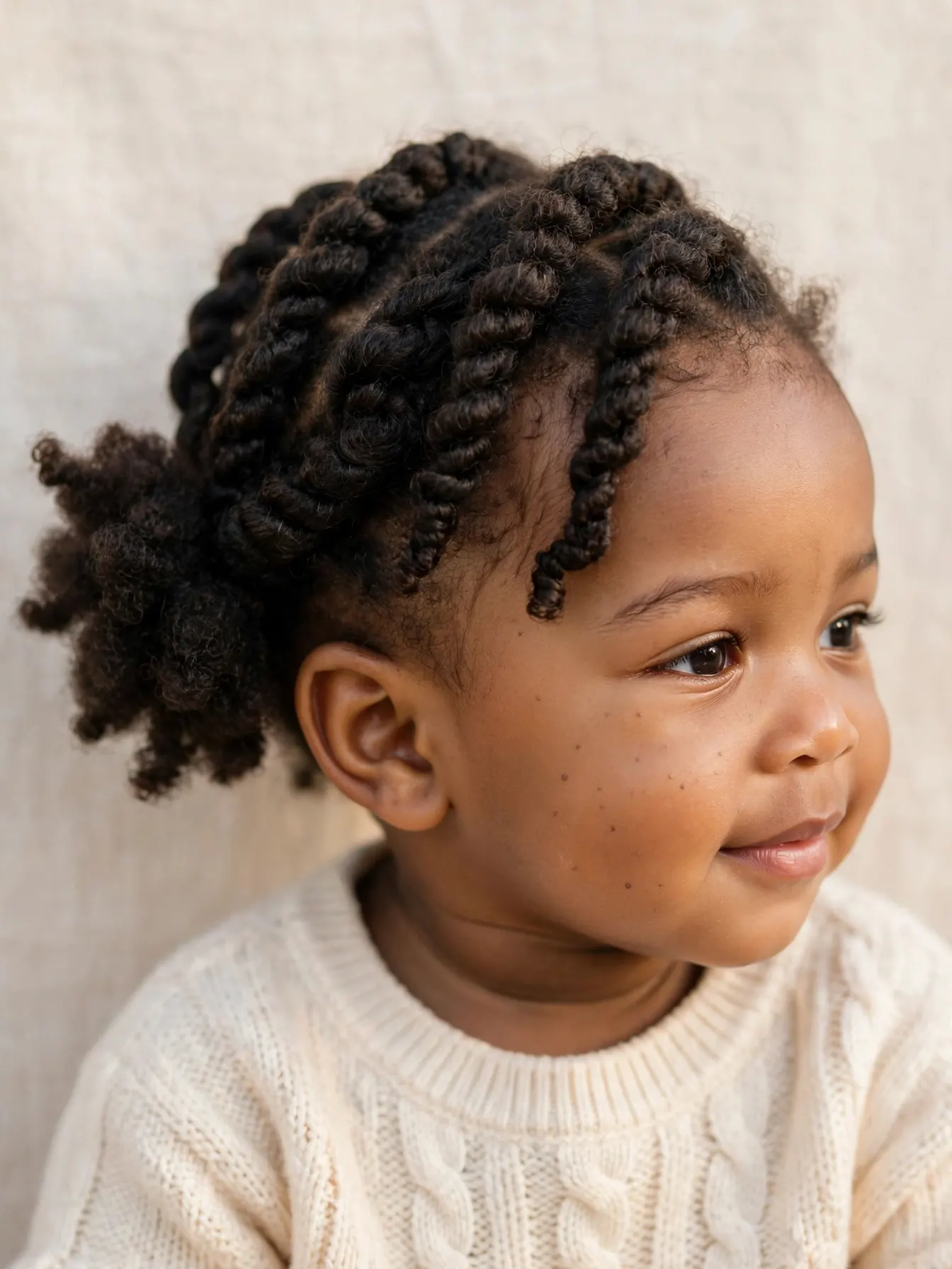 baby with chunky twists swept to one side into a puff