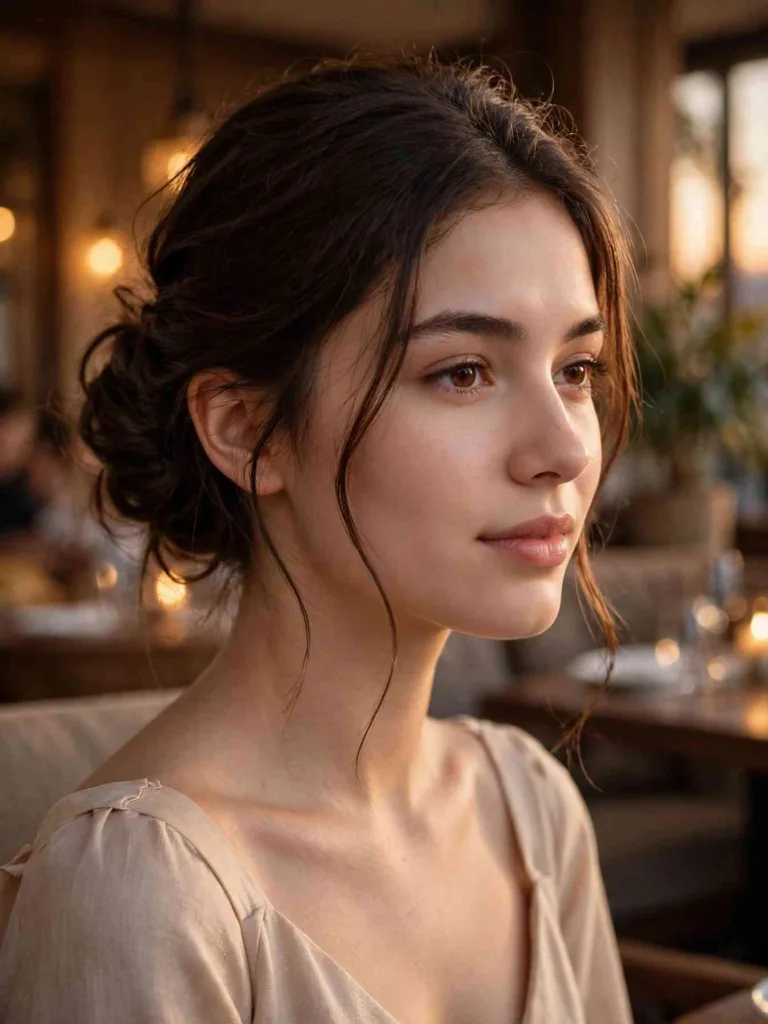 Woman with a low bun and thin tendrils framing her face