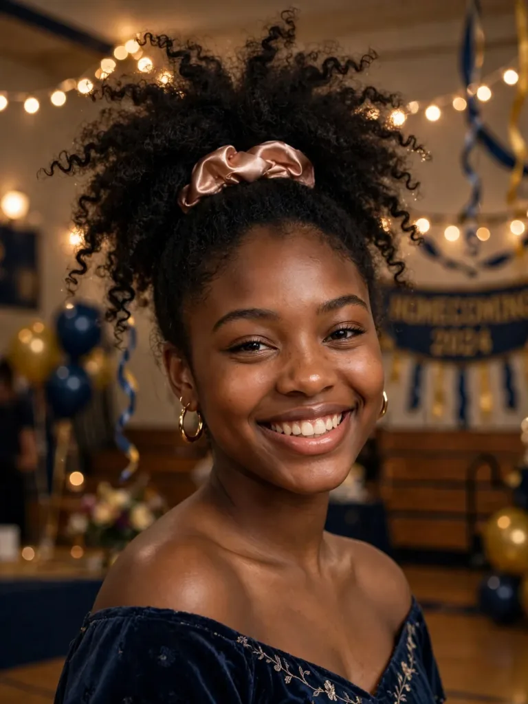 Curly pineapple updo with a satin scrunchie on natural curls at homecoming
