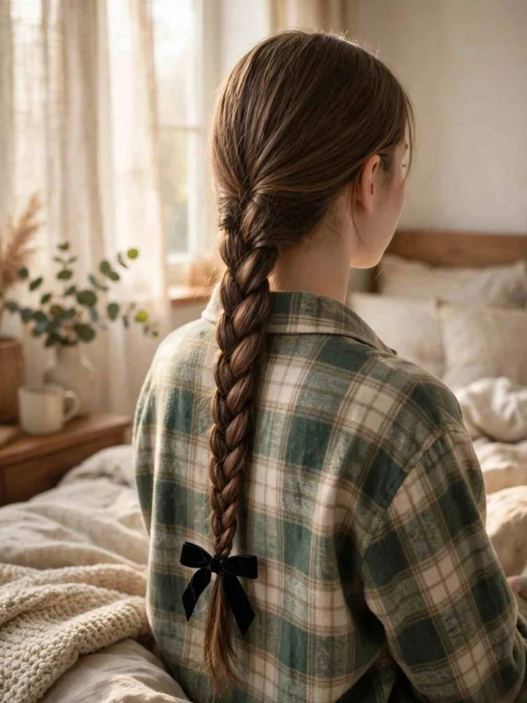 Black velvet ribbon tied in a bow over a braid end