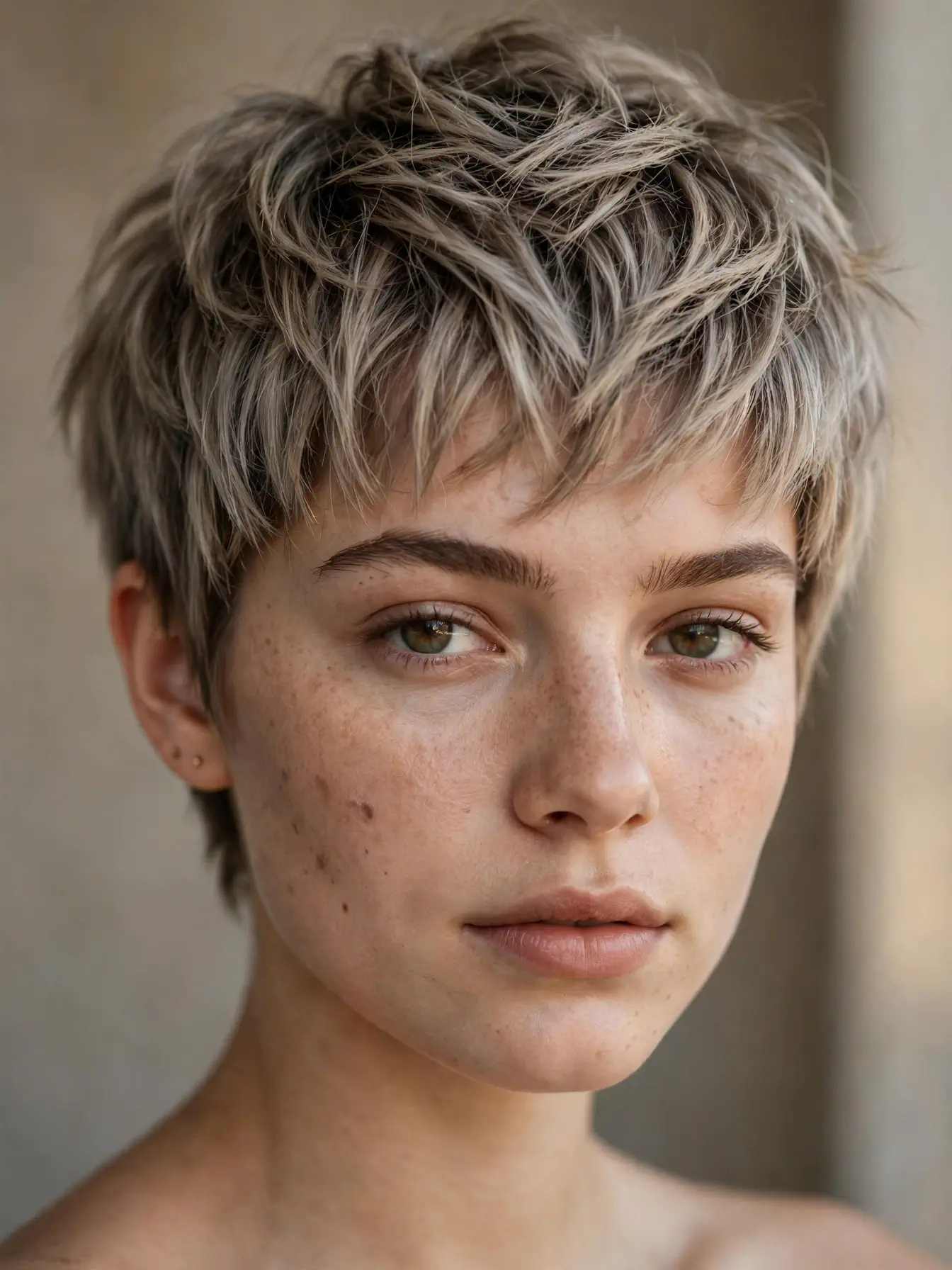 Ashy bronde melt on a textured pixie cut