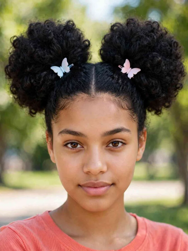 Woman with curly hair in two high round puffs with butterfly clips