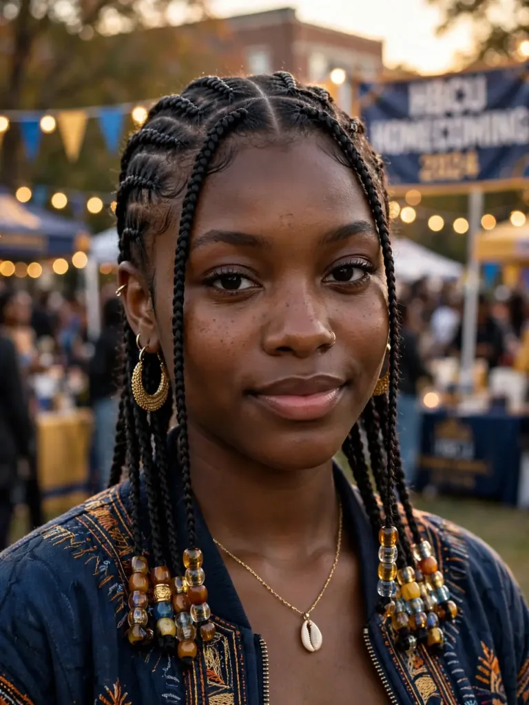 Fulani-inspired cornrow braids with beads at the ends at an HBCU homecoming celebration