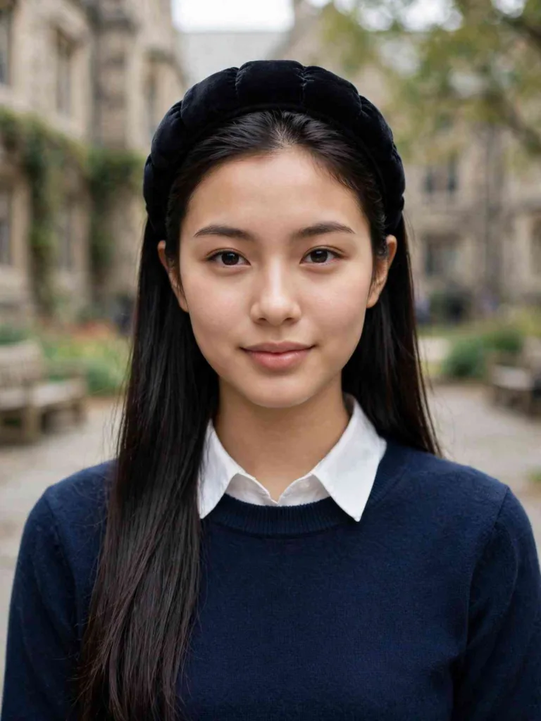 Front portrait of a woman with long straight dark hair and a wide padded black velvet headband