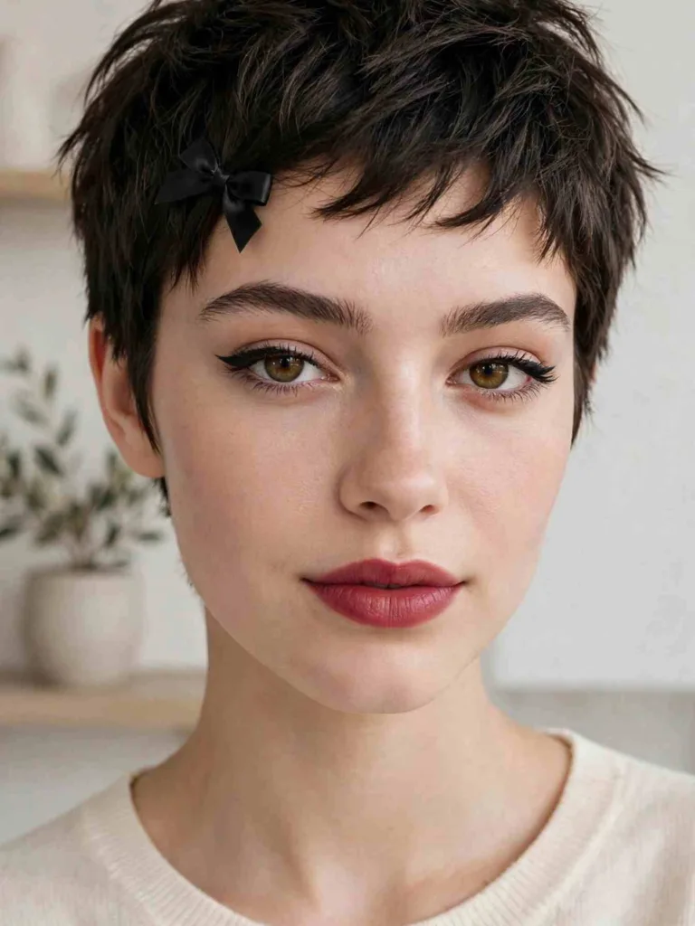 Textured pixie cut with a small black bow clip at the temple