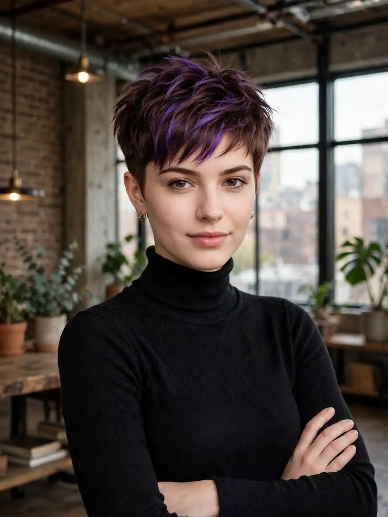 Textured plum brown pixie cut with violet tones