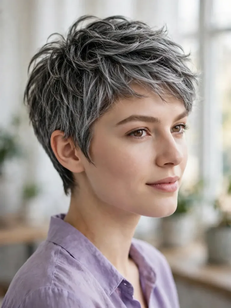 Salt-and-pepper pixie with soft silver texture