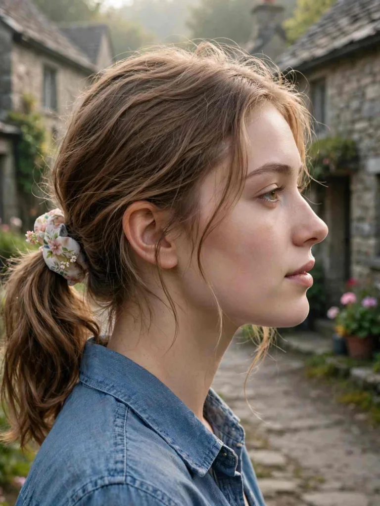 Loose low ponytail with a floral-print scrunchie