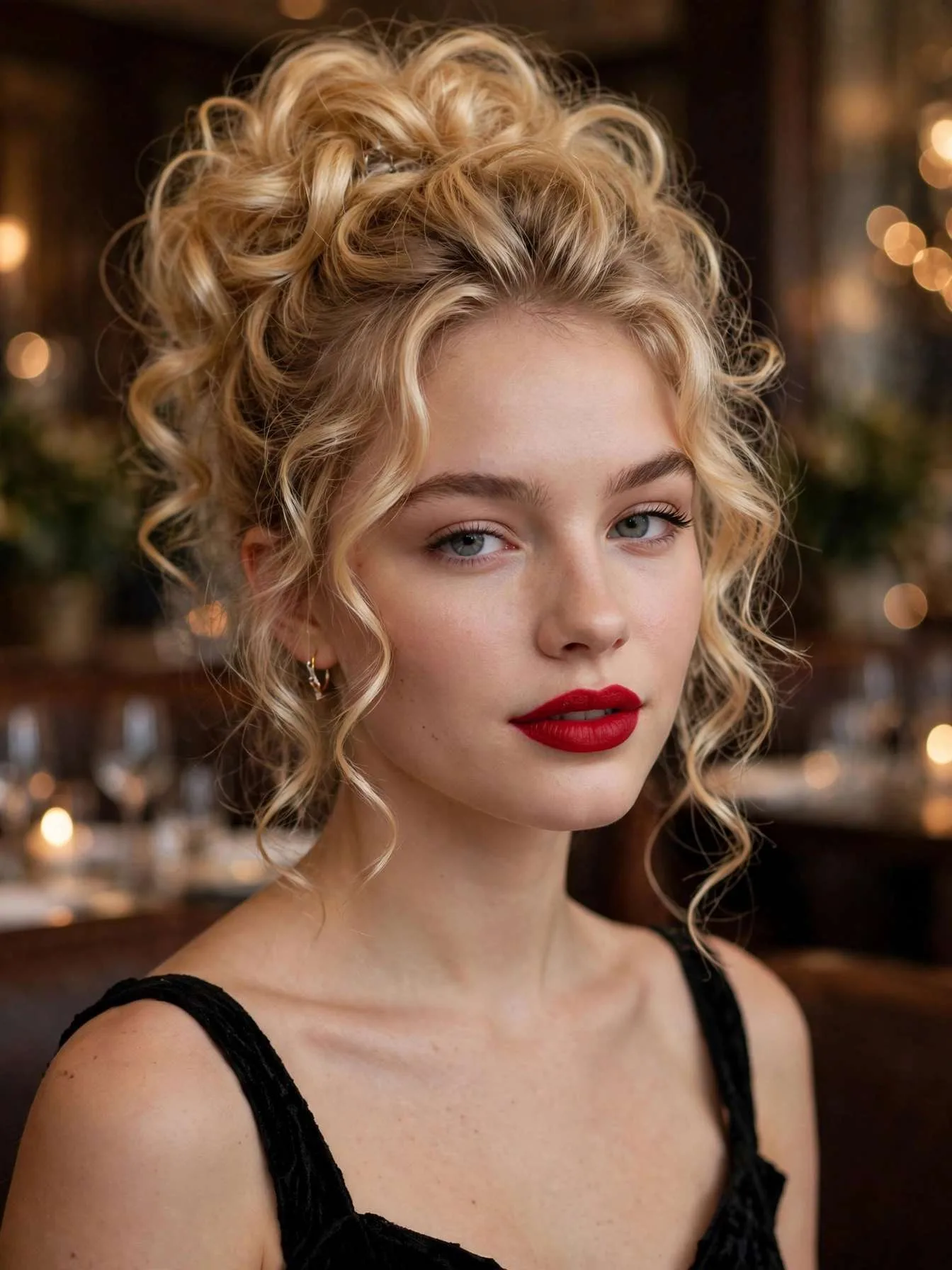 Voluminous high loosely pinned blonde curls with face framing tendrils in a 90s bombshell updo