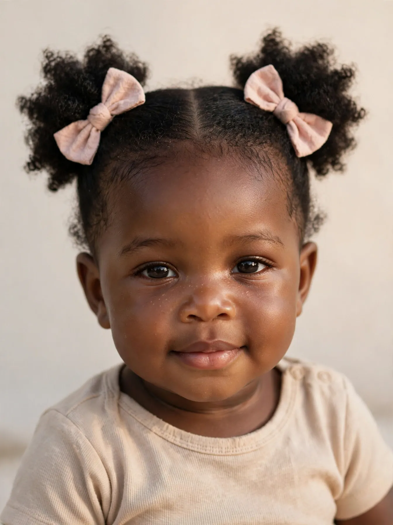 baby with twin center-part puffs and soft fabric bows