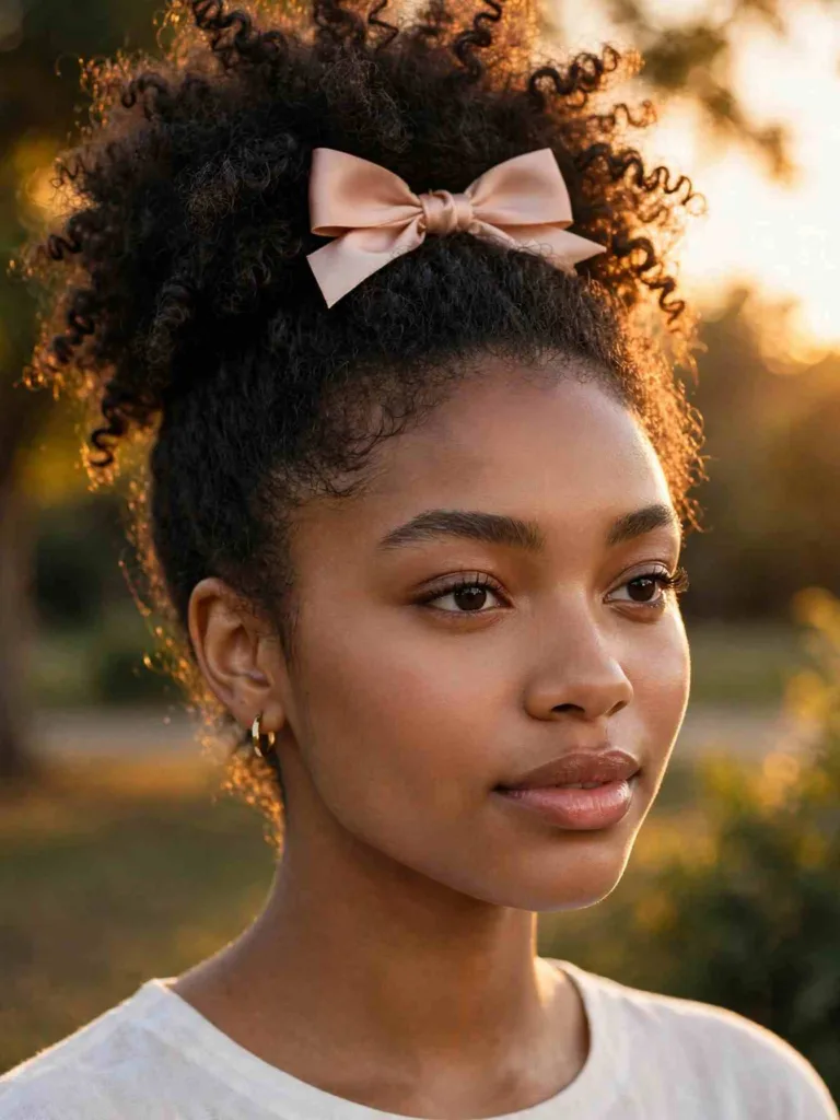 Defined natural curls in a puff with a blush satin bow at the crown