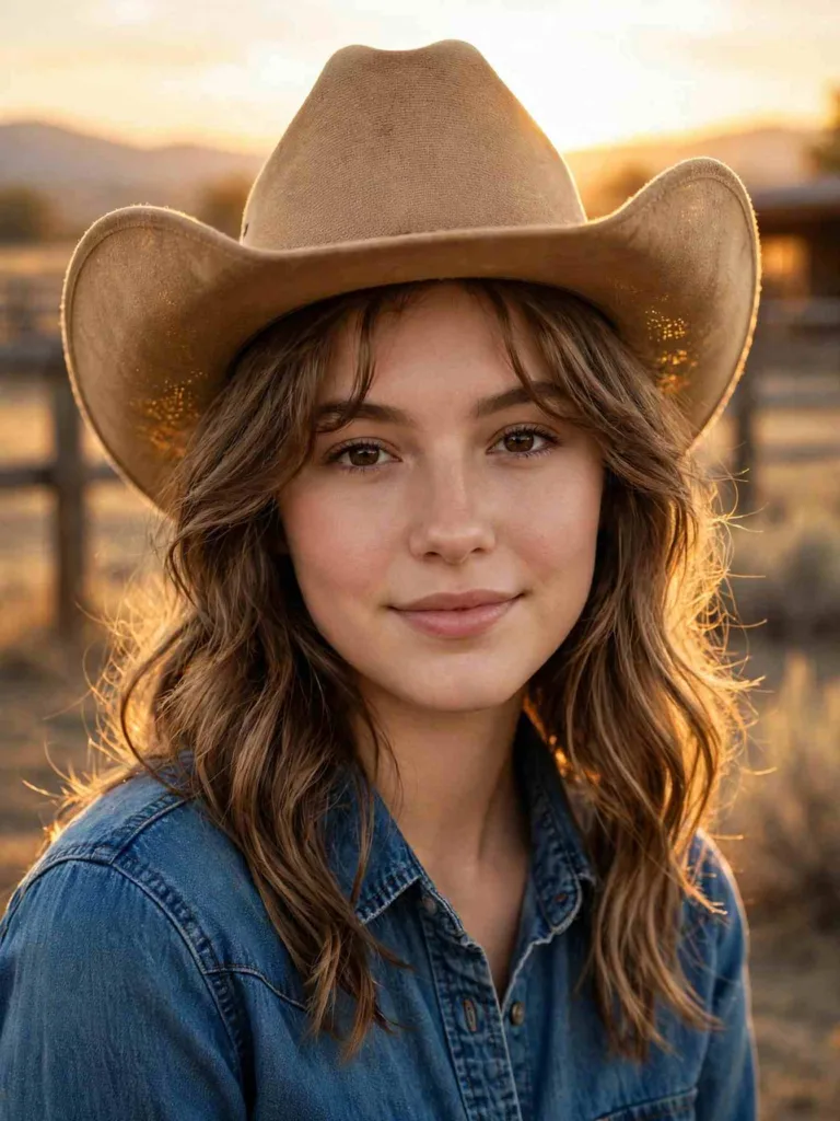 Cowgirl loose waves under a hat with curtain fringe