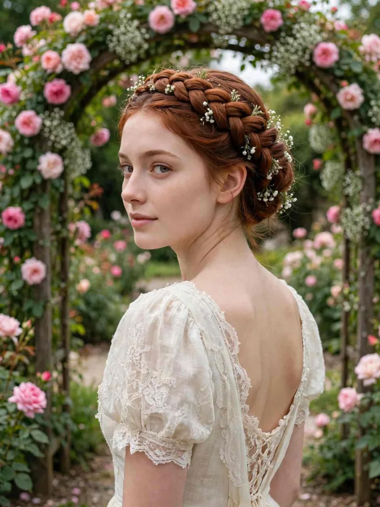 Full crown braid circling the head with baby's breath sprigs