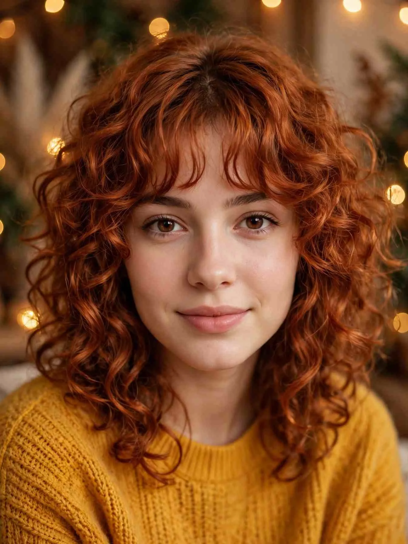 Curly shag with curtain bangs blending into natural curls