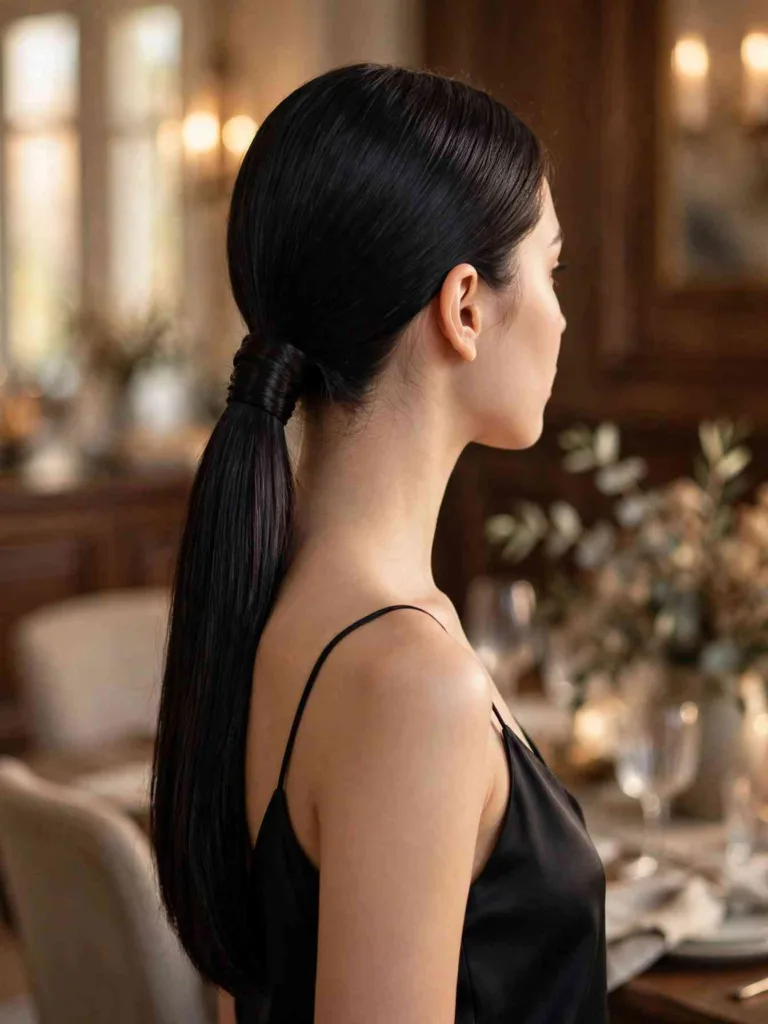 Back view of a woman with long straight raven-black hair in a low ponytail with a wrapped base