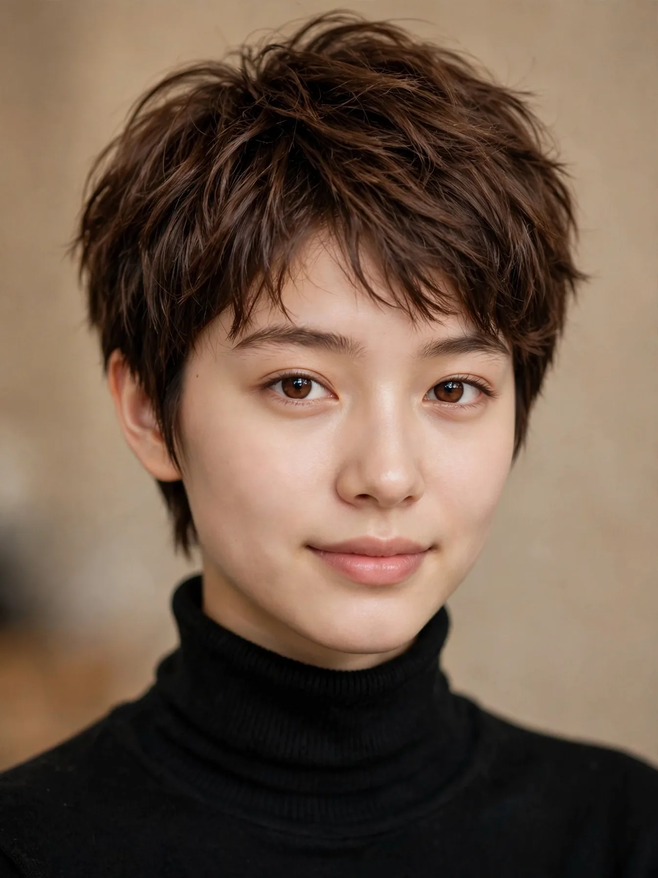 Milk Chocolate Pixie Cut Textured pixie cut in glossy milk chocolate brown hair color