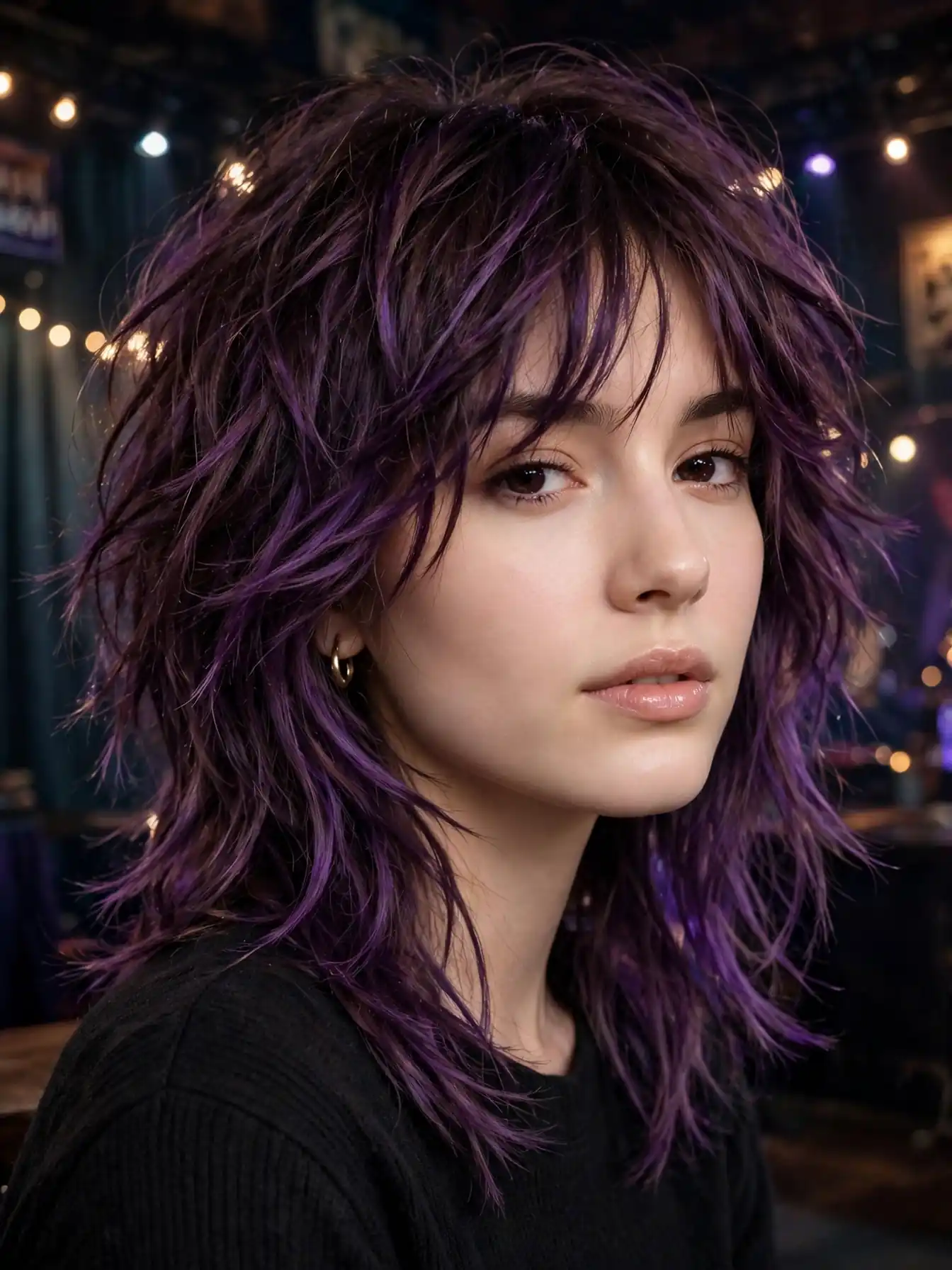 Shaggy plum brunette haircut with choppy violet layers