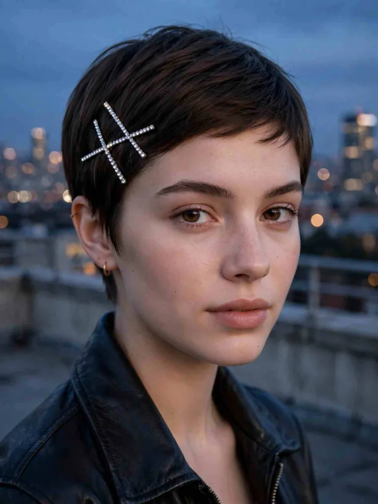 Rhinestone bobby pins crisscrossed above the ear on a pixie cut