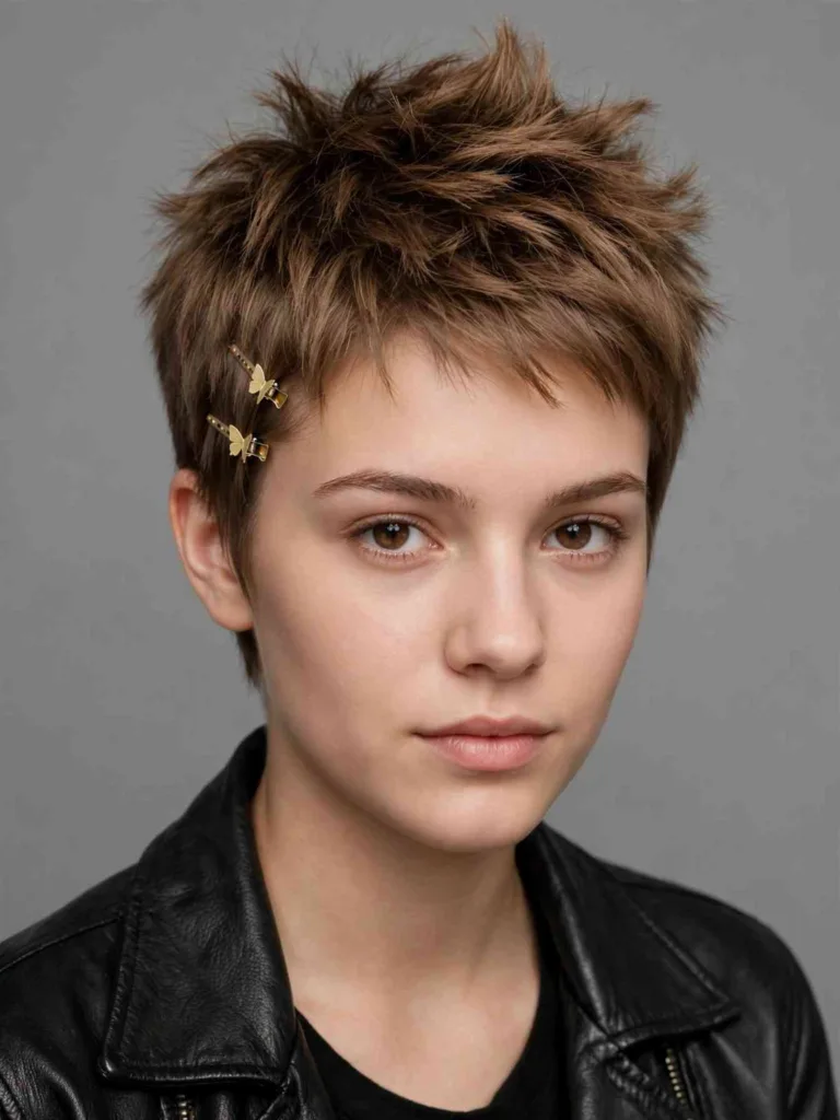 Woman with a short spiky pixie and mini butterfly clips
