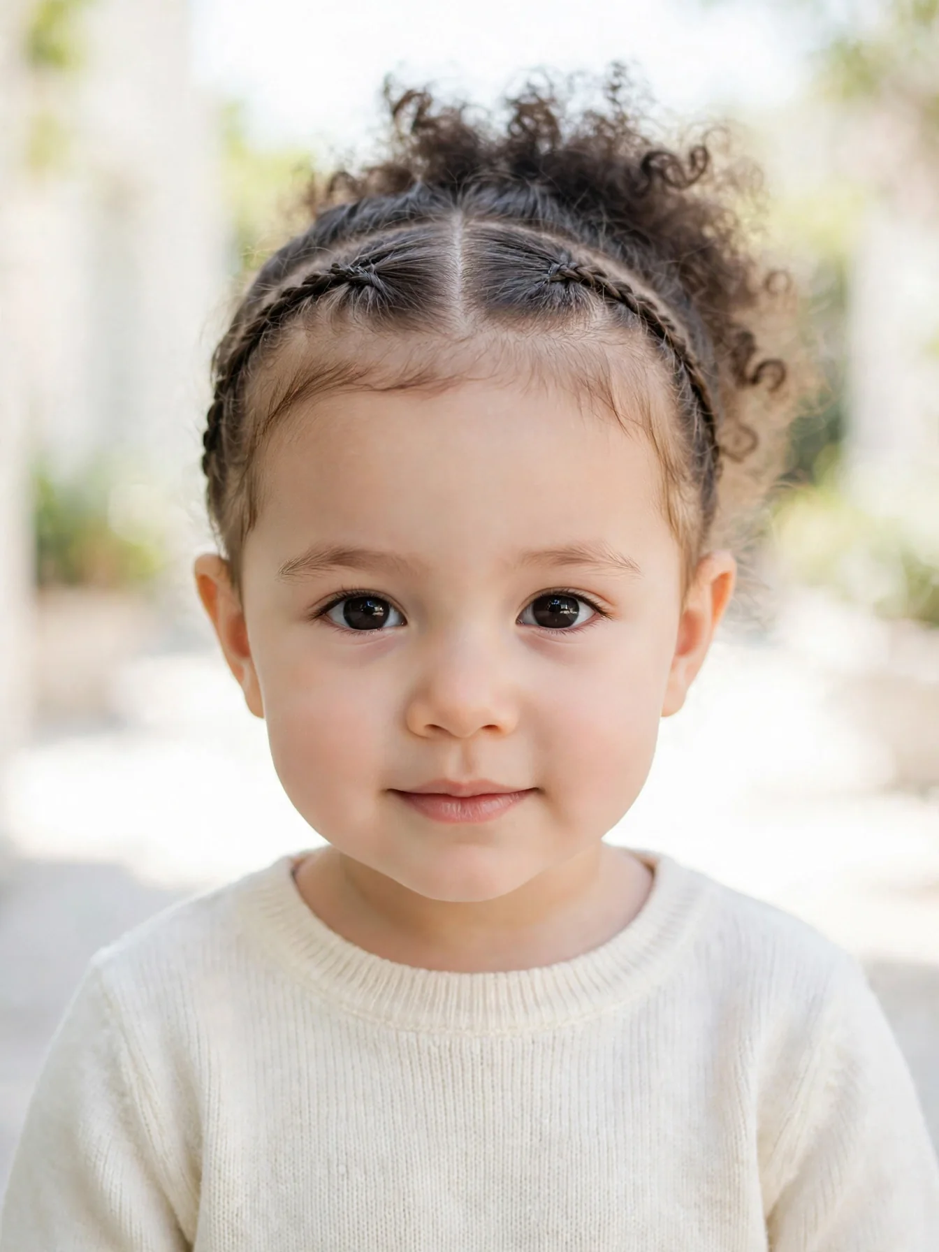 22 Cute Toddler Girl Hairstyles That Are Easy at Home 20 Toddler girl with tiny front cornrows and the rest of her hair in a puff