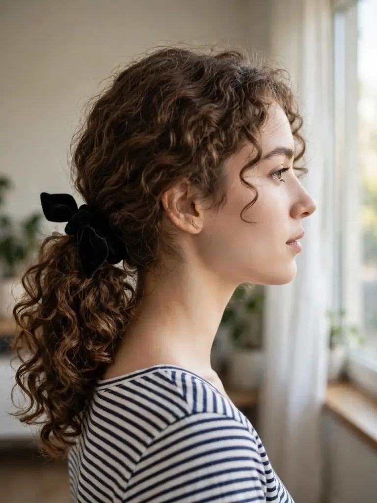black velvet scrunchie with a bow holding a soft curly ponytail