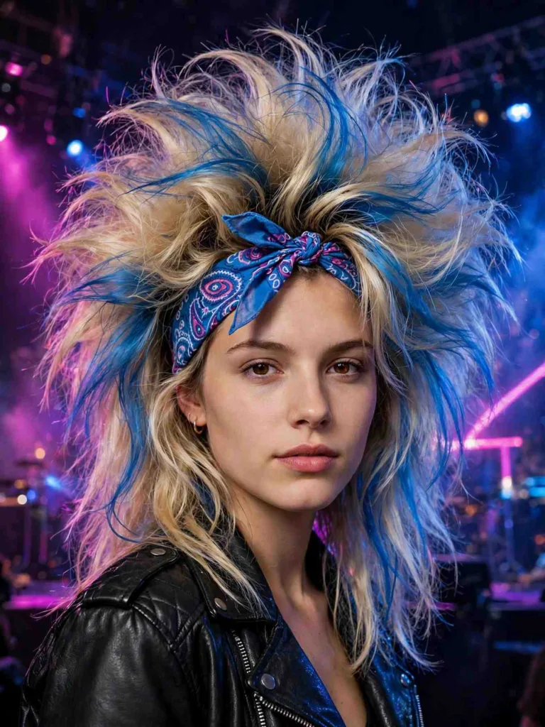 80s rocker teased big hair with a bandana